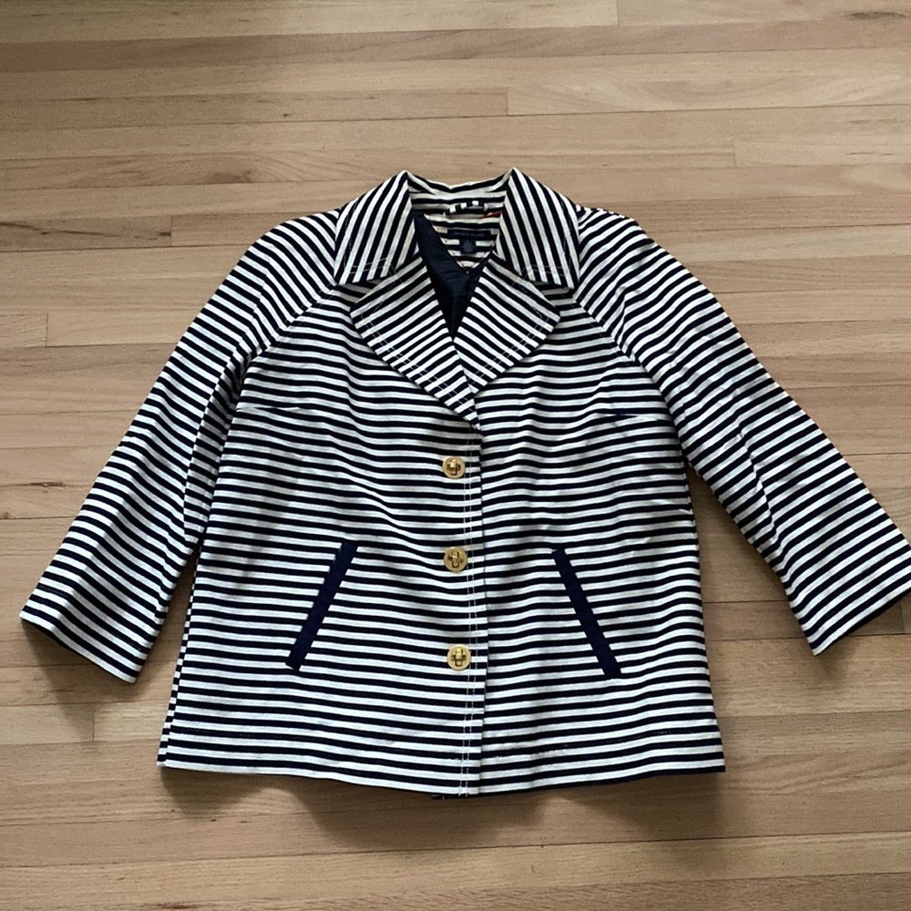 Tommy Hilfiger New Blue White Striped Pea Coat Sailors Jacket Blazer